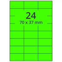Selvklæbende farvede etiketter 70x37 mm, grøn, A4 ark - 24 pr. ark - 100 ark